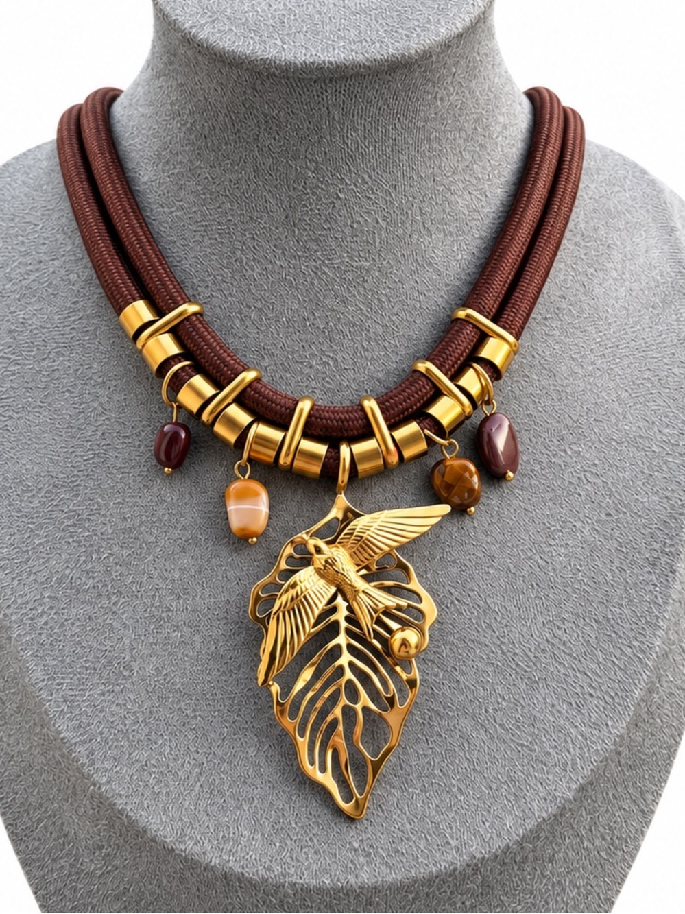 Gold Leaf Hummingbird Pendant Necklace with Brown Cord Bird Necklace Fall